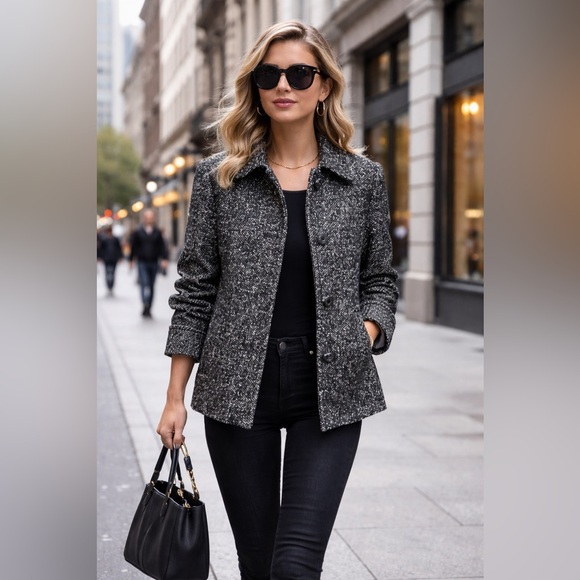 London Fog Jackets & Blazers - LONDON FOG Women’s Black & White Marled Speckled Textured Wool Blend Coat L